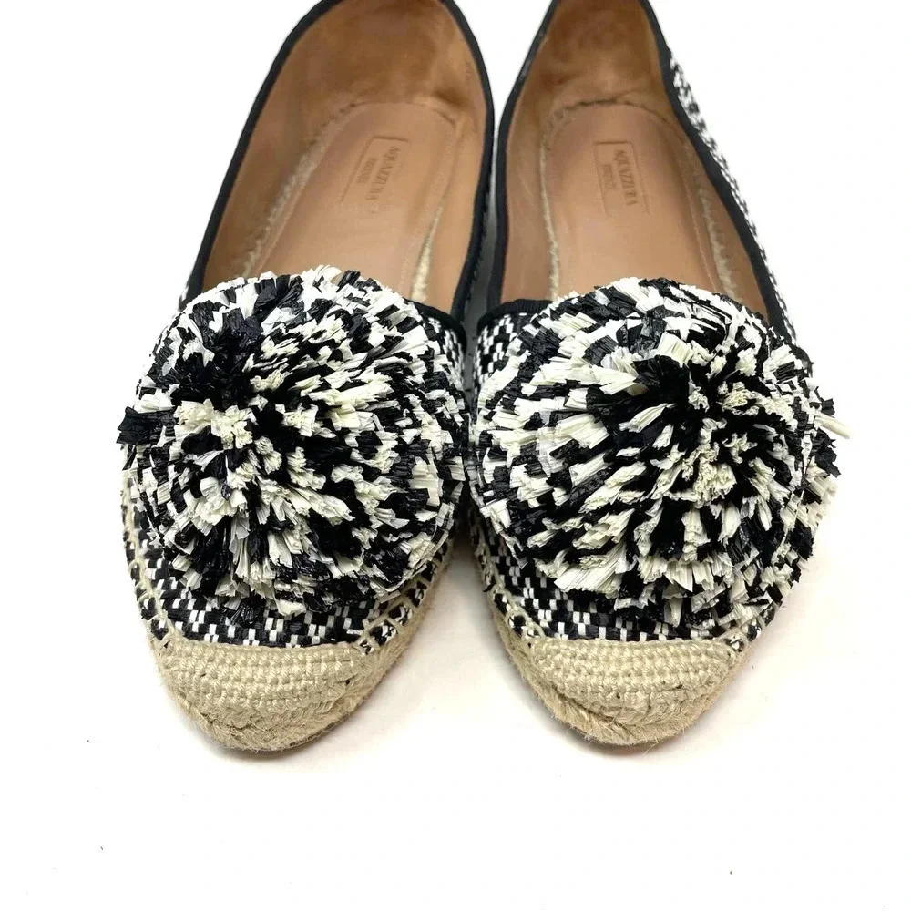 Aquazzura Pom Raffia Espadrille Flats Herringbone Black White Size 39 US‎ 9